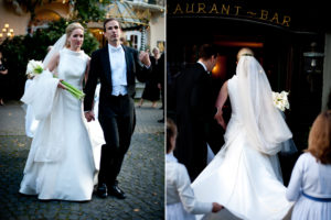 Bride and Groom arriving for the Gala Wedding dinner at the Marie Antionette Restaurant Parkhotel Adler Germany
